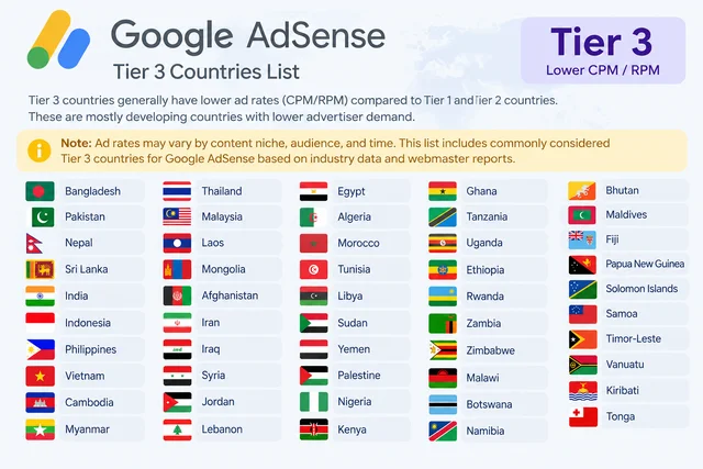 Google AdSense Tier 3 countries list with country flags